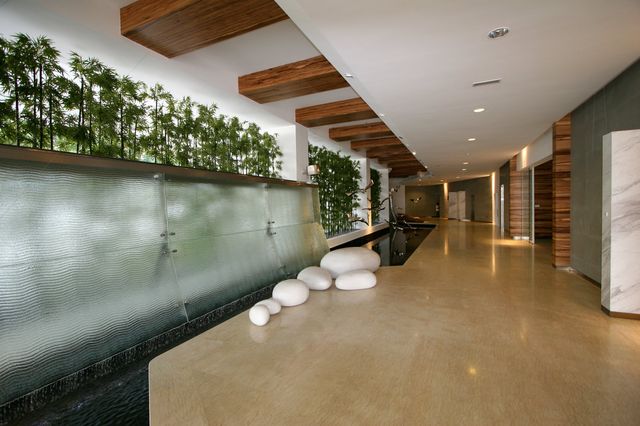 Water feature and bamboo planting along the lobby